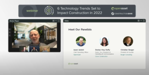 Screenshot of an active webinar entitled, "6 Technology Trends Set to Impact Construction in 2022" with panelists' profile pics displayed.